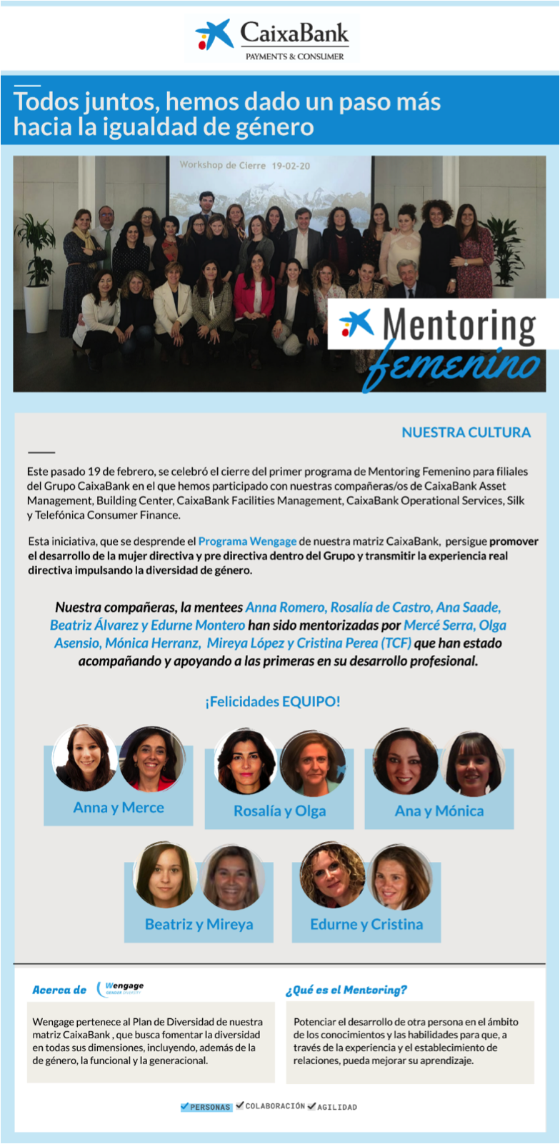 Comprometidos por la igualdad y la transparencia, CaixaBank Payments & Consumer participa en el primer programa de Mentoring Femenino